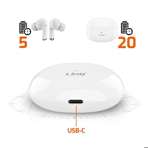 Trådlösa TWS-hörlurar Bluetooth 5.0 25h Batteritid USB-C-fodral LinQ Vit Vit