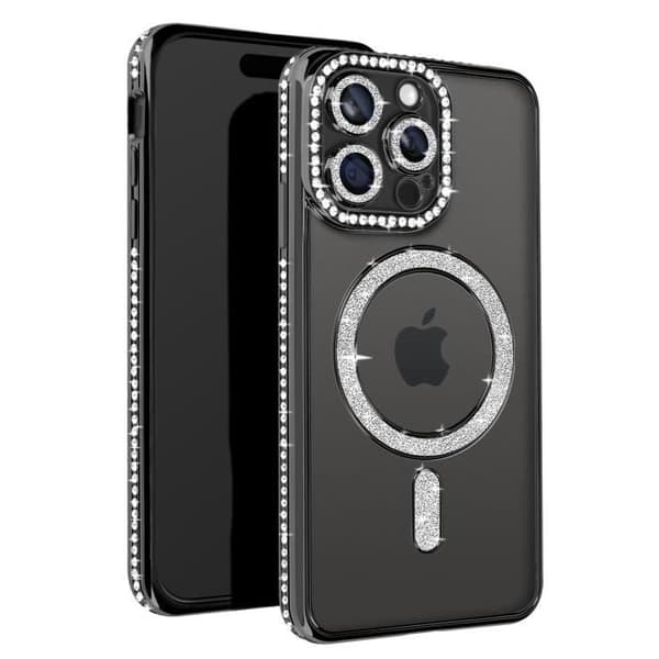 Beskyttelseshætte - AVIZAR - iPhone 15 Pro Max - Sort Strass Kant - MagSafe Beskyttelse - Elegant Svart