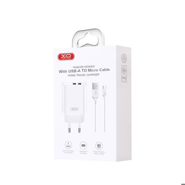 Dubbel USB-A väggladdare 12W och universell Micro-USB-kabel XO Vit Vit