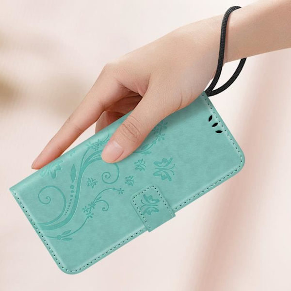 Fodral för Samsung Galaxy A55 Plånbok Flower Butterfly med handledsrem Turkos