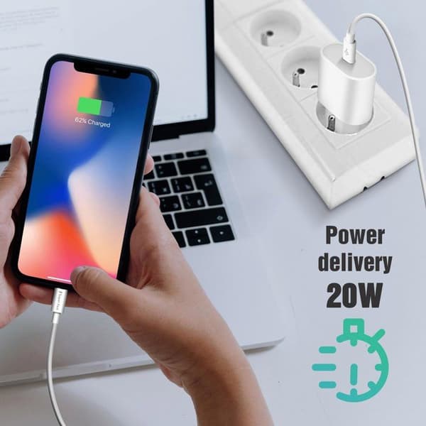 USB-C-laddare 20W - AVIZAR - iPhone/iPad - Lightning-kabel - Snabbladdning - Vit Vit