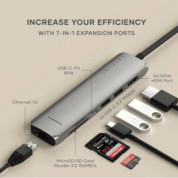 Hub USB-C Slim Multiport 7-i-1 Ethernet 1Gbit Power Delivery 100W Satechi Grå