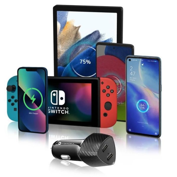 Oplader til bil - Forcell - Dobbelt USB-C - 40W Power Delivery - Carbon Design - Hurtigopladning Svart