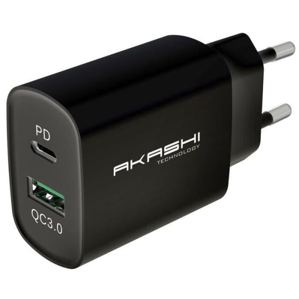 AKASHI ALTACQC20BLK - AKASHI - Harmaa - Musta - USB Type C 20 W - USB-A Qualcomm 3.0 3A musta