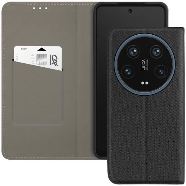 Smartphonefodral - AVIZAR - Xiaomi 14 Ultra - Veganläder - Magnetisk flik - Integrerad kortficka Svart