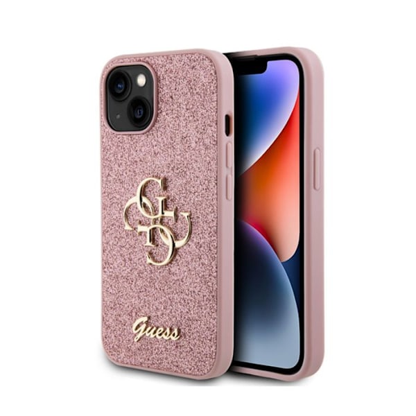 Guess Glitter Script Big 4G - kotelo iPhone 15:lle (vaaleanpunainen)