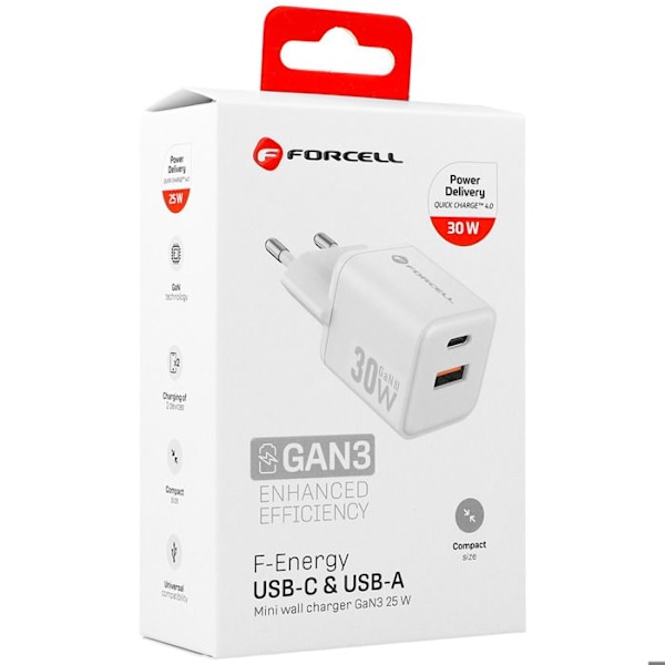 Laddare Sektor GaN III 30W med USB-C + USB Mini Format Forcell Vit Vit