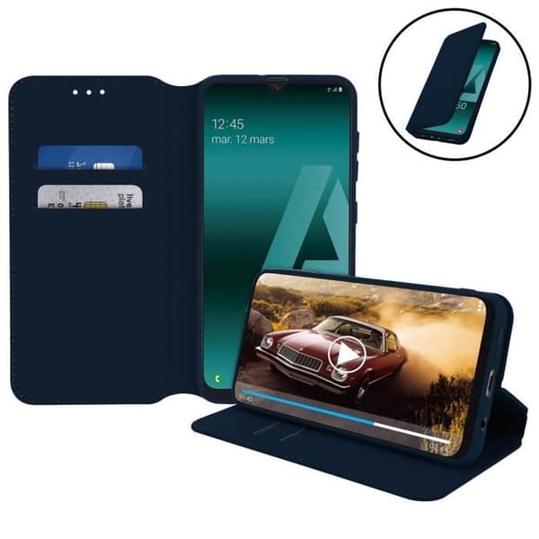 Folio plånboksfodral - AVIZAR - Samsung Galaxy A50 - Ekoskinn - Mörkblå - Stödfunktion Midnattsblå