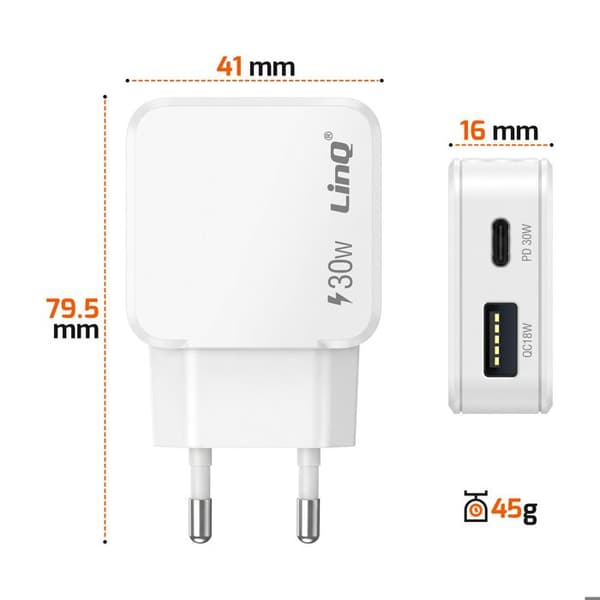 Universal USB-C og USB-A 30W dobbeltport oplader LinQ hvid Vit