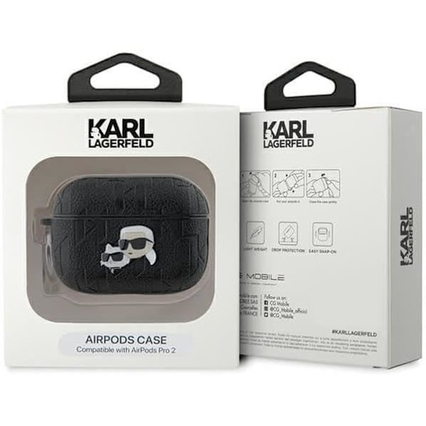 AirPods Pro 2 etui - Karl Lagerfeld - Monogram Karl & Choupette - Øko-læder - Sort - Halvstiv Svart
