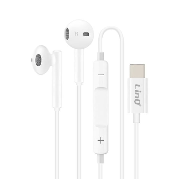 USB C Hörlurar Kontrollknappar Längd 1,2m LinQ Vit Vit
