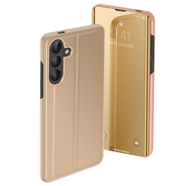 Spejl Etui til Galaxy S26 med Smart View Vindue og Foldbart Stativ Guld Gul