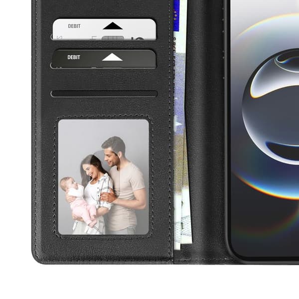 Premium Nahkakuori iPhone 17:lle, jossa korttipidike ja videotuki, musta Svart