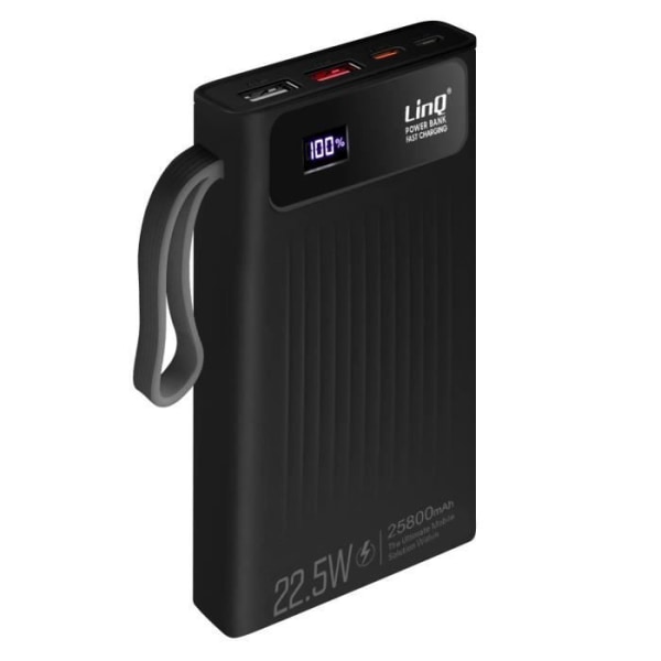 25800mAh backup batteri 4 i 1 kabel 22,5 W USB-port og 20 W USB C LinQ Black Svart