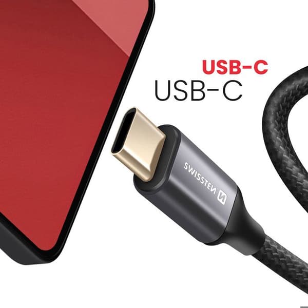 USB-C audio aux-kaapeli 3.5 mm jack, nailonipunottu 1.5m, Swissten Musta