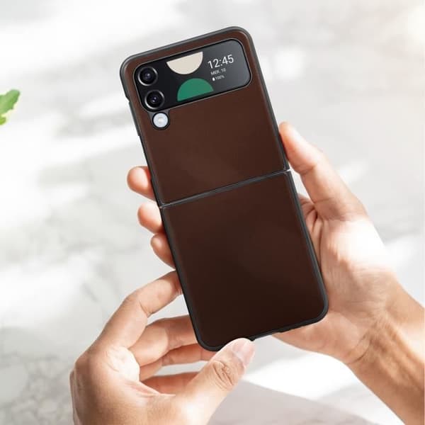 Coque - AVIZAR - Samsung Galaxy Z Flip 4 - Hållbart Läder - Stabil Ram - Elegant brun