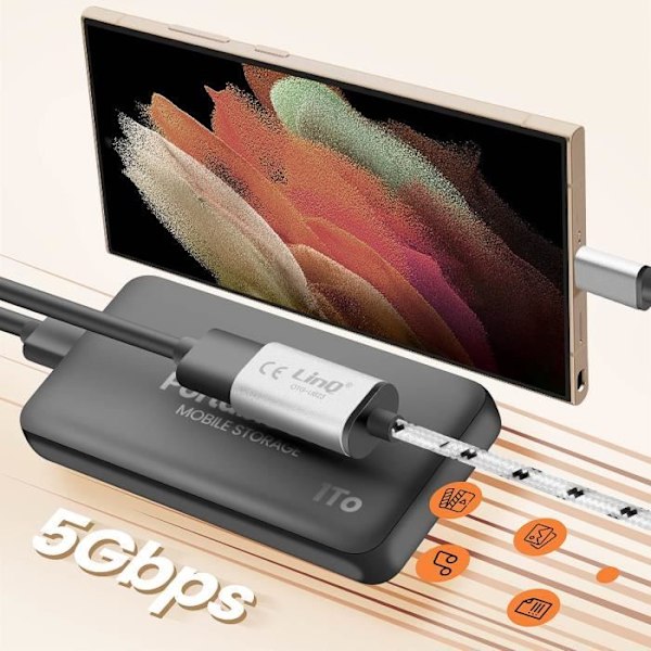 USB-C-USB OTG -sovitinkaapeli - LINQ - 15 cm - Hopeanharmaa - 5Gbps siirtonopeus