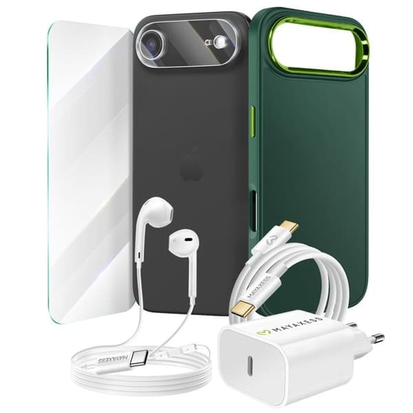 Accessory pack - MAYAXESS - iPhone 17 Air - Grøn MagSafe cover - Hurtigoplader 20W - USB-C høretelefoner Grön