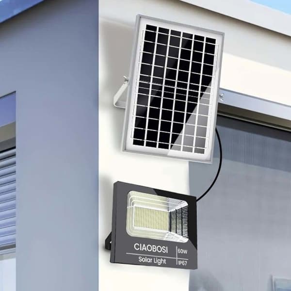 Solcells LED-strålkastare - AVIZAR - 60W - Separat panel - Fjärrkontroll - IP67 Svart