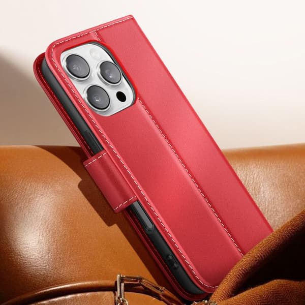 Premium Læder Etui Wallet til iPhone 16 Pro Max med Standerfunktion Rød Röd