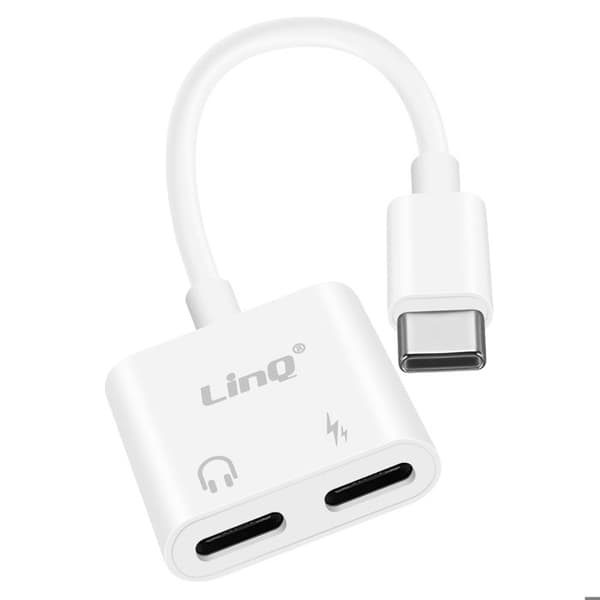 USB-C-sovitin - LINQ - 2x USB-C - Ääni ja lataus - 60W - Valkoinen