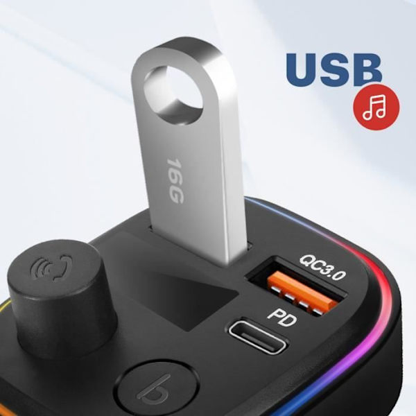 FM Bluetooth Sender - C2 - USB Biloplader QC 3.0 - USB-C 18W - Sort - Håndfri Svart