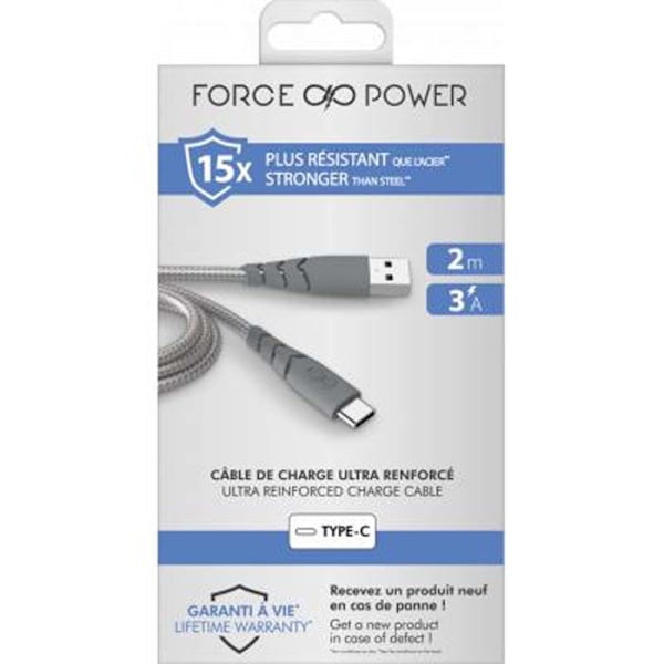 USB A/USB C-kabel - Force Power - Ultra förstärkt - 2m - 3A - Livstidsgaranti - Grå