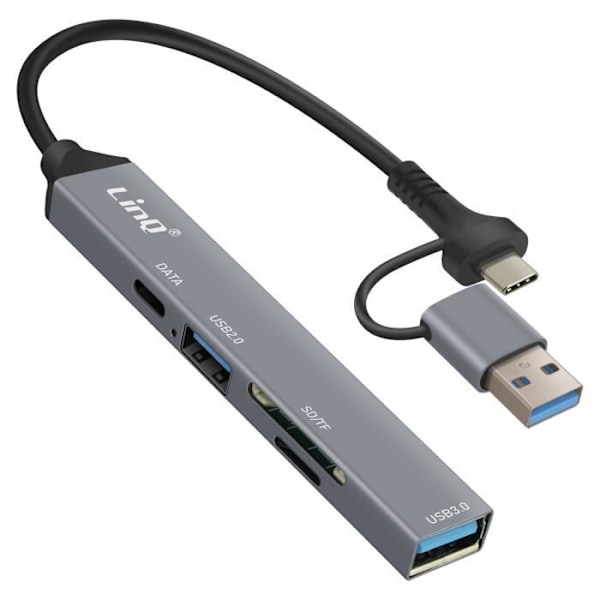 USB C ja USB-keskitin, jossa USB-C + USB 2.0 + 3.0 SD ja TF-kortinlukija LinQ Black