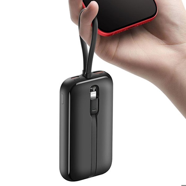 Bärbar Batteri 10000mAh Inbyggda USB-C och Lightning Kablar LED Skärm Swissten Svart Svart