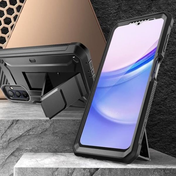 Samsung Galaxy A15 Iskunkestävä Full Cover Cover -kotelo jalustan tuella, musta Svart