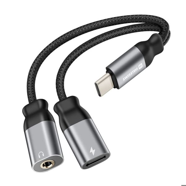 USB-C-adapter - SWISSTEN - 2-i-1 - Ljud 3.5mm - Flätad Nylon - Samtidig laddning