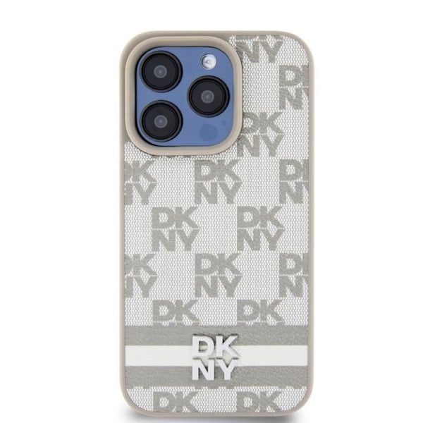 Elegant iPhone 14 Pro Cover med Ternede og Stribede Mønstre DKNY Beige Grå