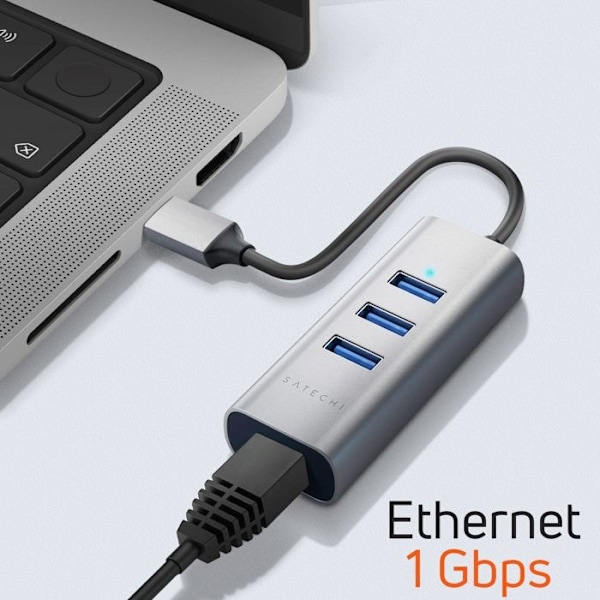 USB C hub til 3x USB og Ethernet, kompakt design, Satechi mørkegrå