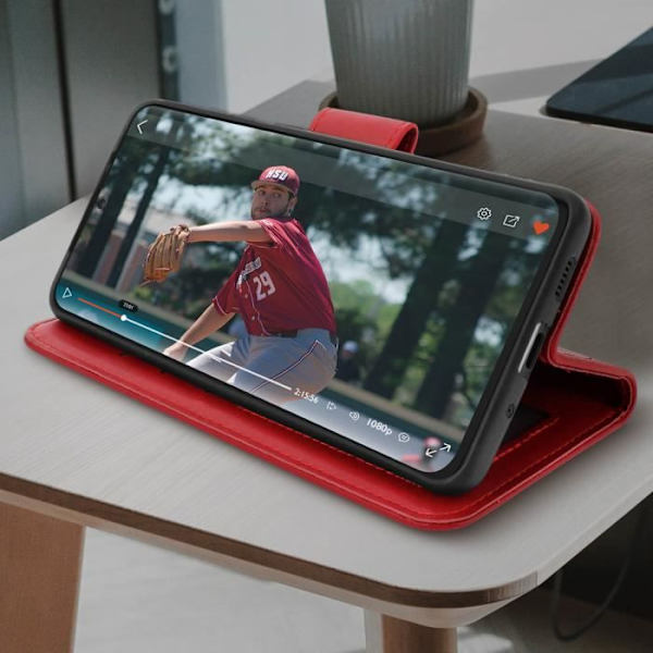 Samsung Galaxy S20 Plus Nahkakotelo Korttitelineen jalusta Toiminto Premium Red Red Röd