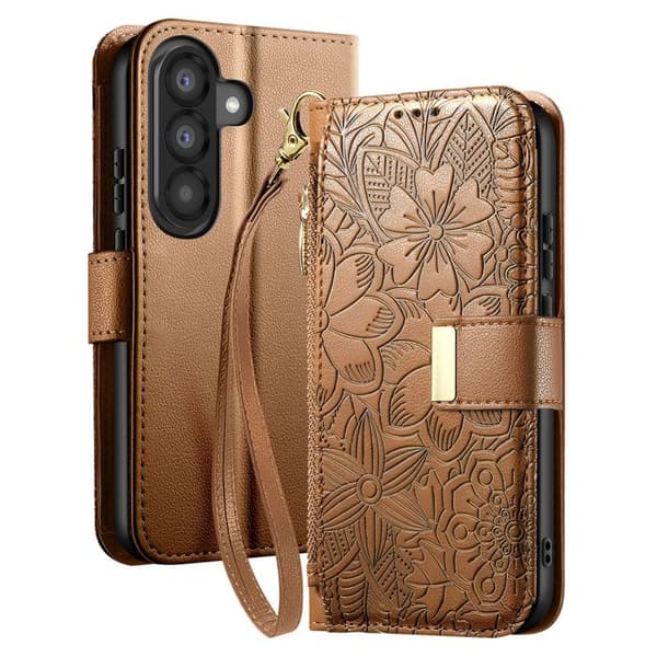 Pungetui til Galaxy A56 med blomsterdesign og integreret lynlåslomme i brun brun