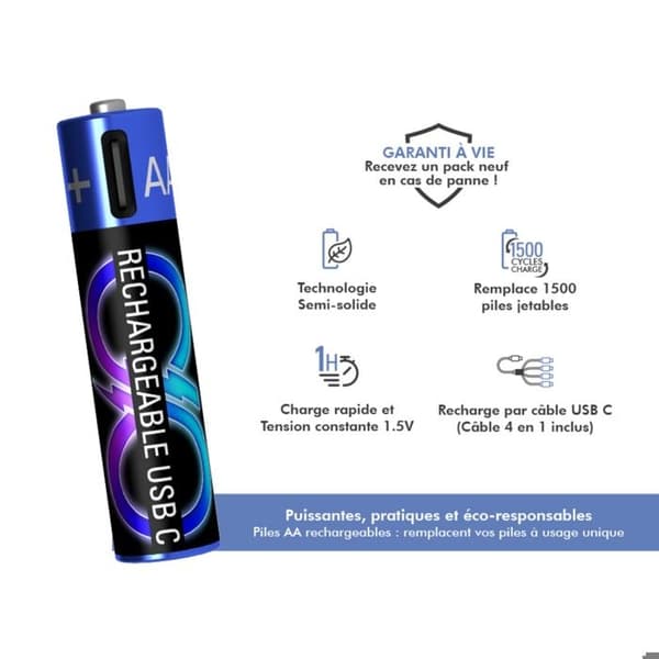 Pack med 4 uppladdningsbara USB-C typ LR03 / AA-batterier med laddkabel Force Power svart / blå Svart blå