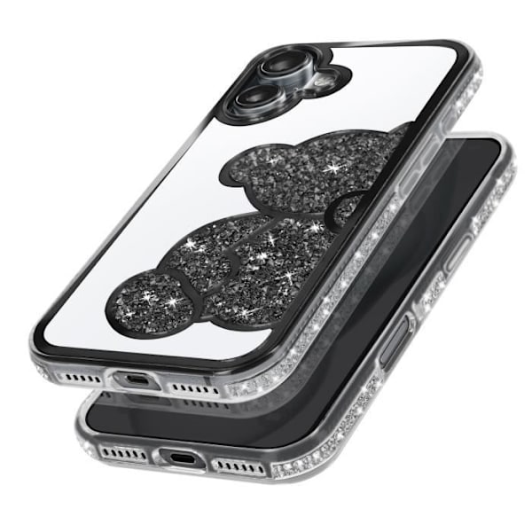 Teddybjörnfodral till iPhone 16 Silikon Rhinestone Mönster Shiny Contour Svart Svart