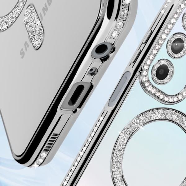 Timanttikotelo Samsung Galaxy A15 -puhelimelle - AVIZAR - tekojalokivi Contour - MagSafe-magneettirengas - läpinäkyvä takaosa Grå