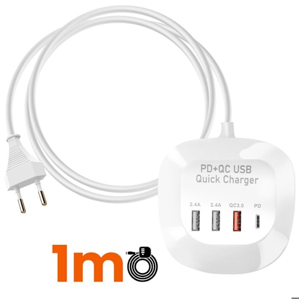 Mini multiport ladestation 3 USB + USB-C kompakt kabel 1m LinQ hvid Vit