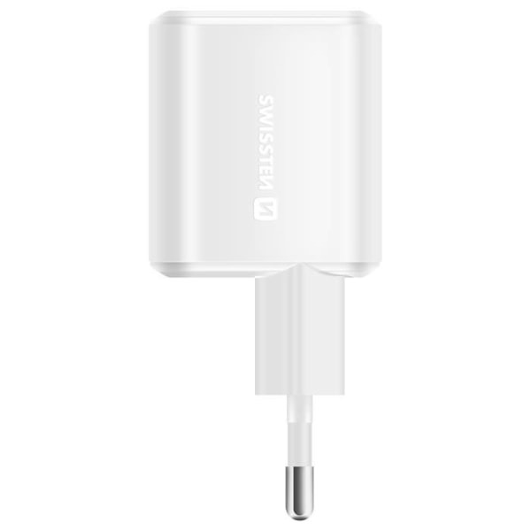 12W USB + USB-C strømadapter Hurtigopladning Kompakt format Swissten White Vit