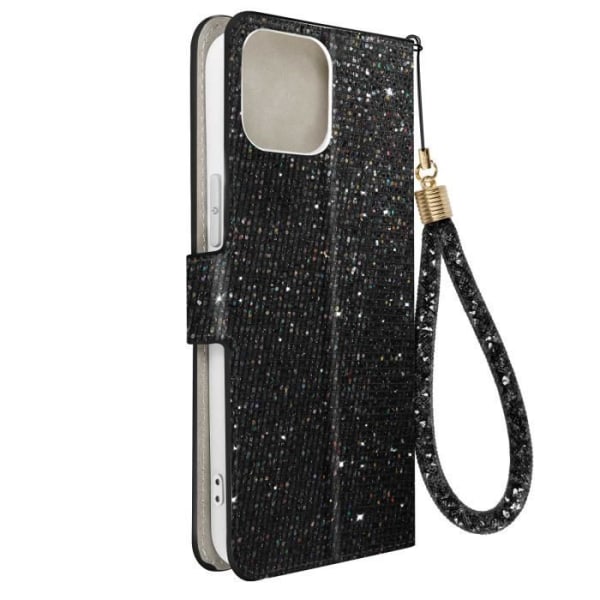 iPhone 15-fodral - Glam Edition - Paillett Disco - Syntetiskt läder svart - Videostöd - Kortförvaring Svart