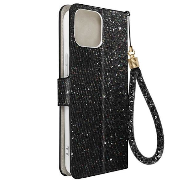 iPhone 15 - Glam Edition - Disco-kimalle - Musta tekonahka - Videotuki - Korttitila Svart