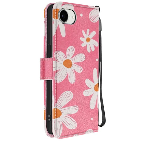 Fodral för iPhone 16e Margueritmönster med handledsrem och kortficka Fuchsia Rosa