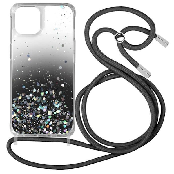 Telefoncase - AVIZAR - iPhone 12 Pro Max - Gradient Glitter Sort - Stødabsorberende Hjørner - Aftagelig Snor Gradient Svart