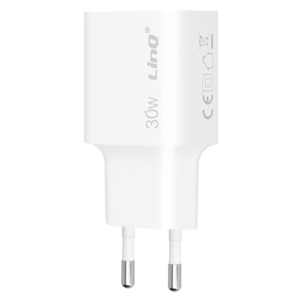 Verkkolaturi USB-portti Pikalataus 18W ja USB C Virtalähde 30W LinQ White Vit