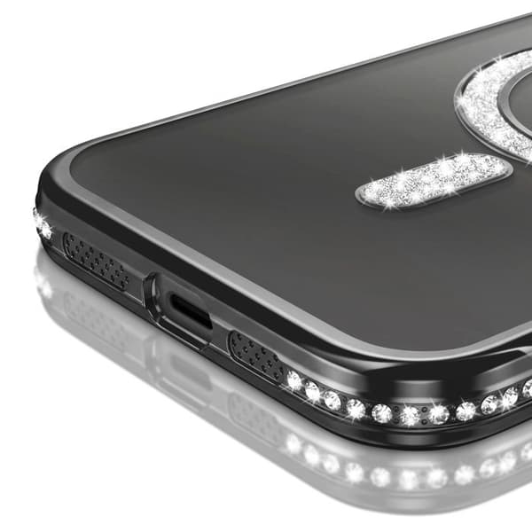 iPhone 14 Pro Max Cover Kompatibel med MagSafe med Sort Rhinestone Kant Svart