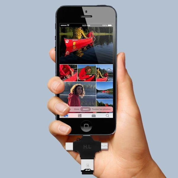 Kortläsare Micro-SD 4 i 1 - Kompakt - Svart - USB-C - Lightning - Micro-USB