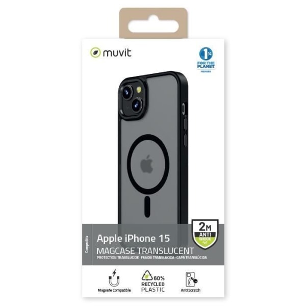 Cover til iPhone 15 - MUVIT - Anti-ridse - MagSafe kompatibel - Sort Svart