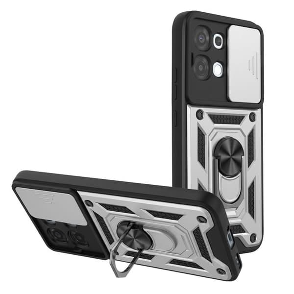Fodral för Oppo A6 Pro med Stödring och Skjutbart Kameraskydd Silver Grå