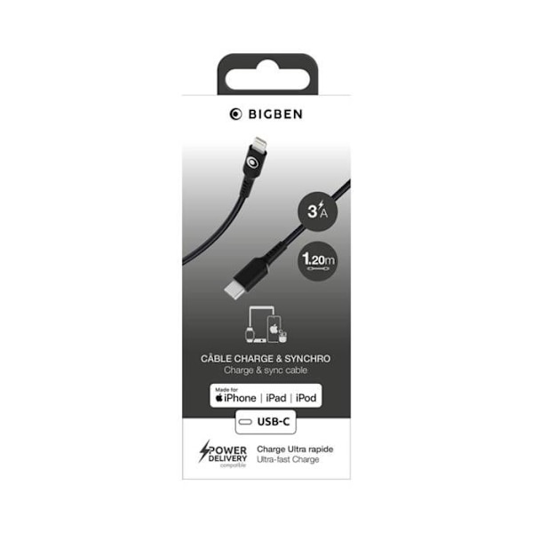 USB-C / Lightning Laddnings- och Överföringskabel 3A Power Delivery 60W 1.2m BigBen Connected Svart Svart